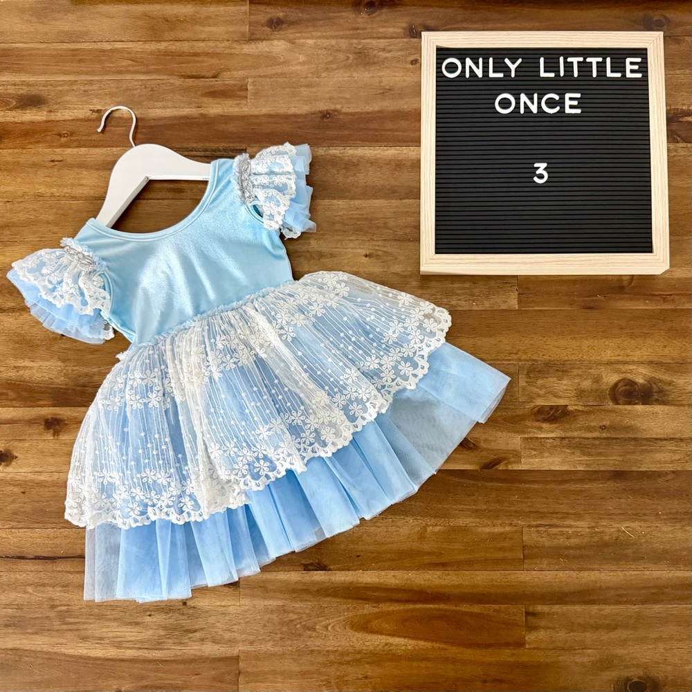 Only Little Once Sugar Plum Tutu Dress 3 Blue Velour Lace Tulle Ruffle Leotard